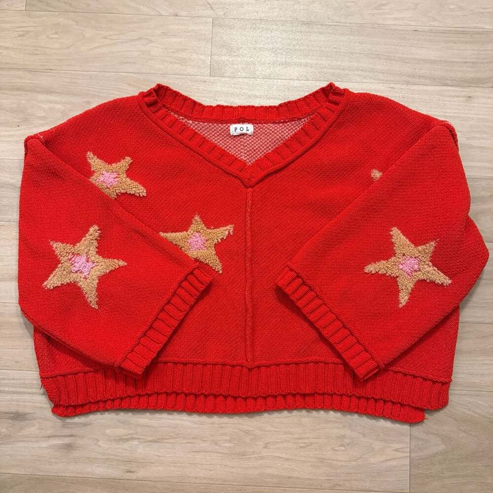 POL V-Neck Star Patch Knit Sweater Red Size S UST125